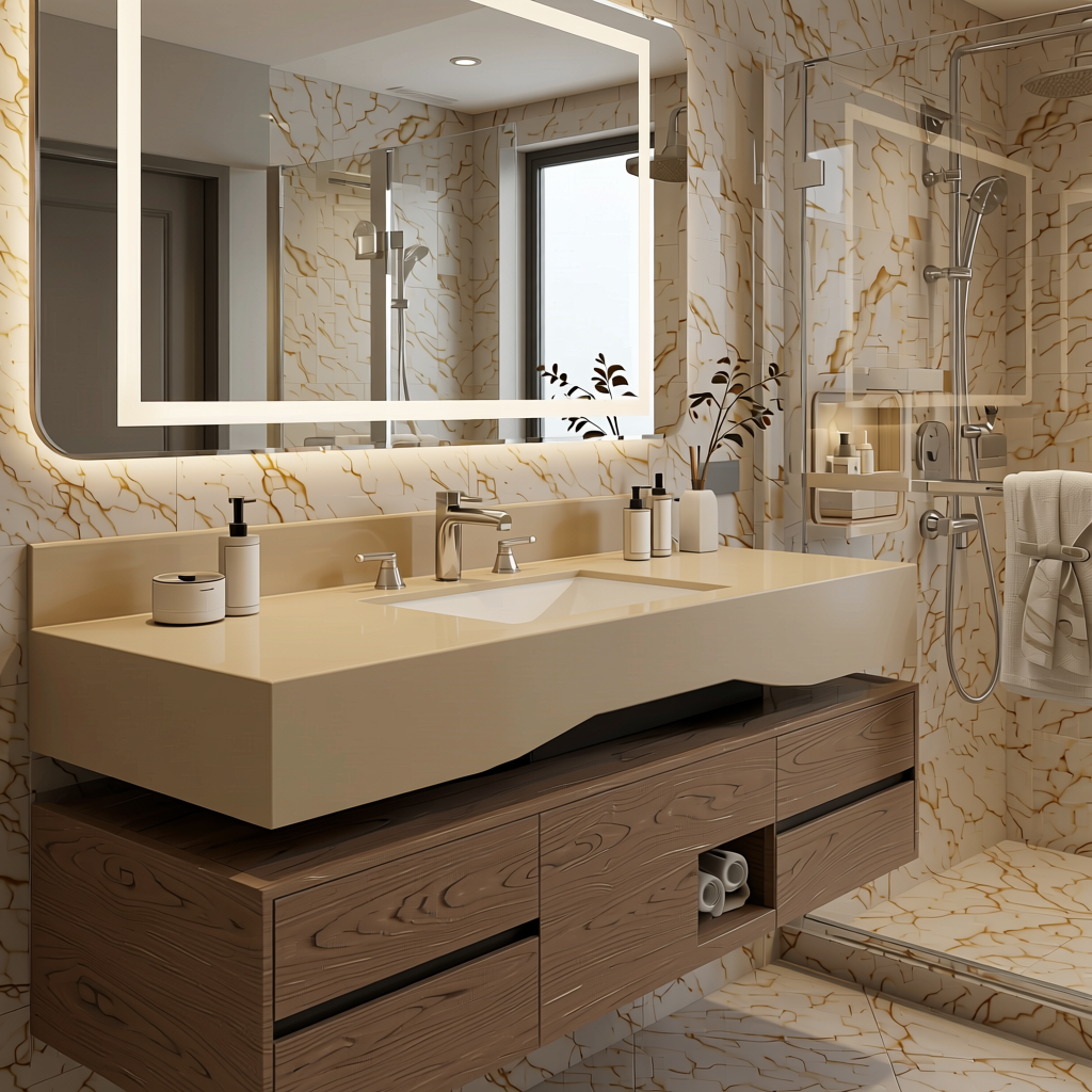 Tussock Beige Plain Laminate 8x4 ft High Gloss 1 mm - 1588 HG — application view in a luxury bathroom