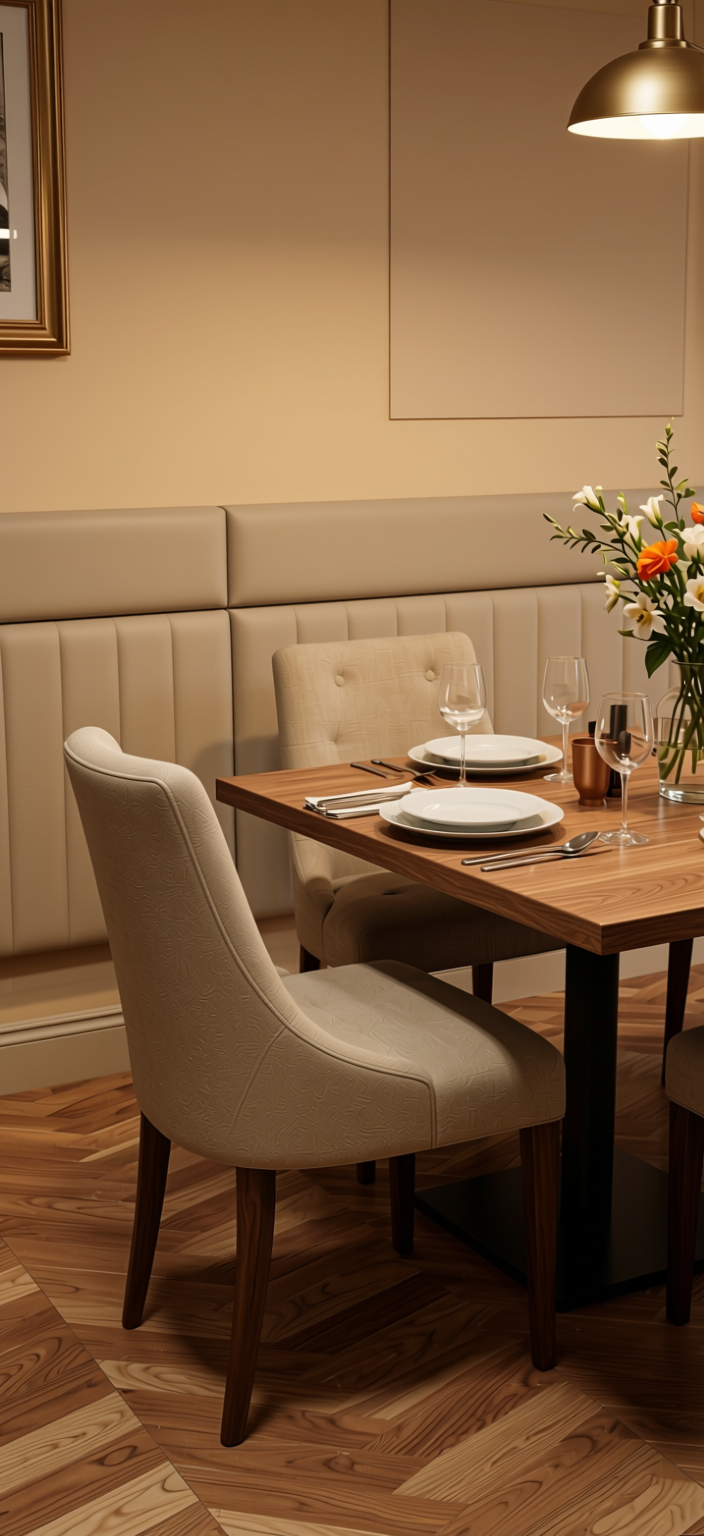 Tussock Beige Plain Laminate 8x4 ft Suede 1 mm - 1588 SD — application view in a warm dining area