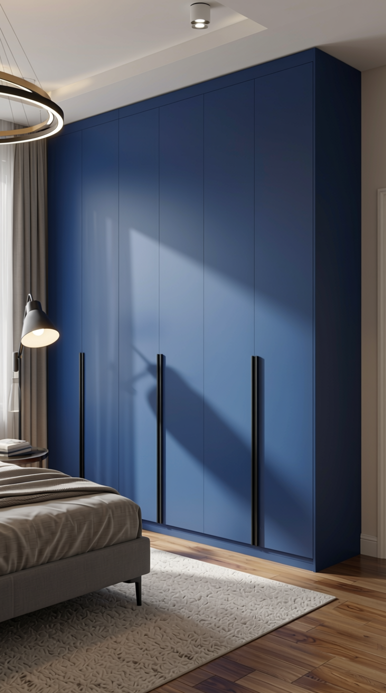 Stylam Twilight Blue Texture Laminate 4x8 ft - STY-SOL-566 — application view in a sleek bedroom