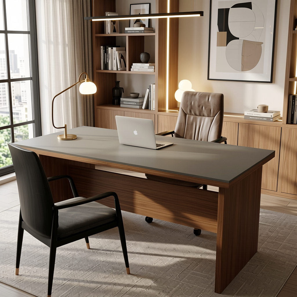Suede Grey 2 Plain Colors Wall Panel 8*4 ft Soft Touch 1.0 mm - HER-1280 — application view in a modern study