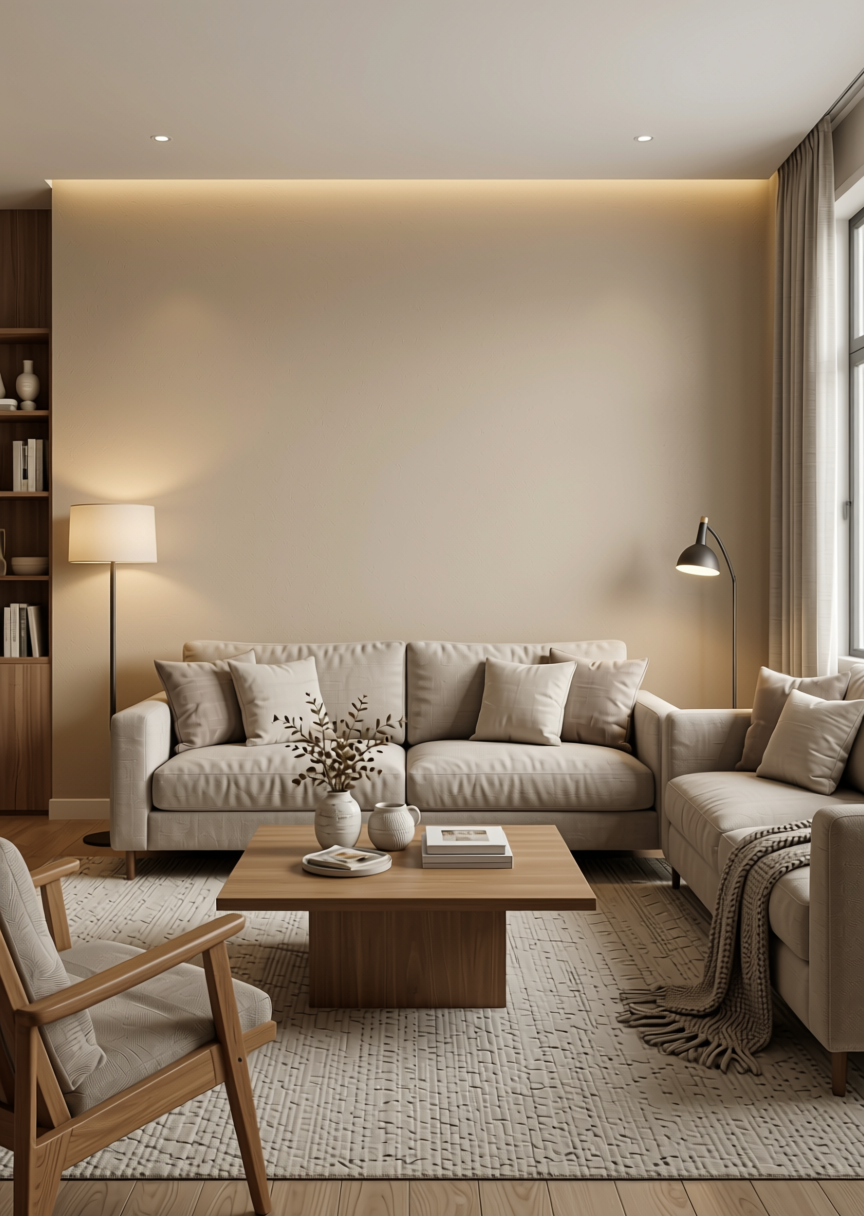 TIDAL SAND Beige Texture Laminate - STY-SOL-1033 — application view in a living room