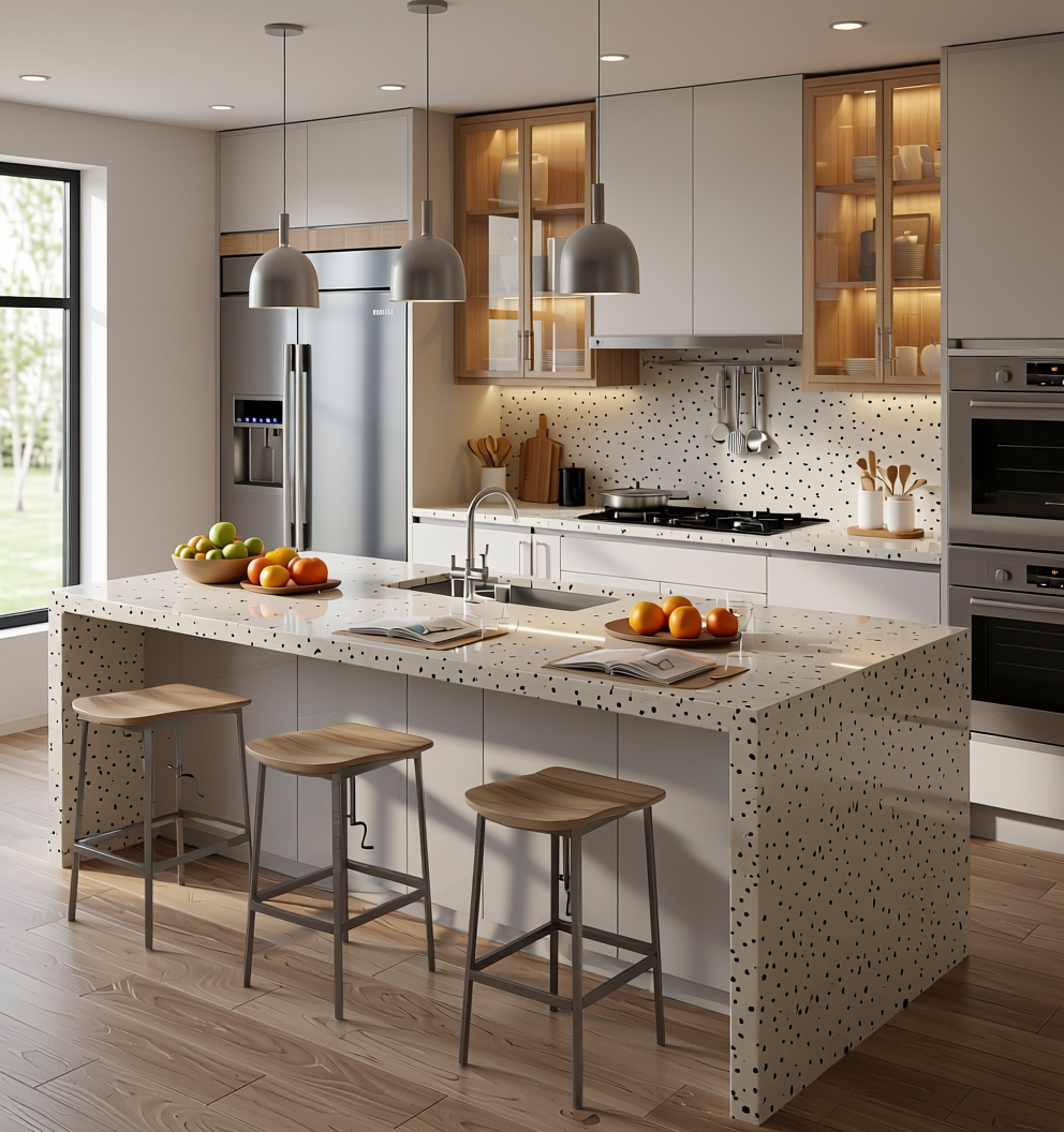 Terrazzo Corian Surface Plain Laminate 8x4 ft Glossy 1.5 mm - PU 7703 — application view in a modern kitchen