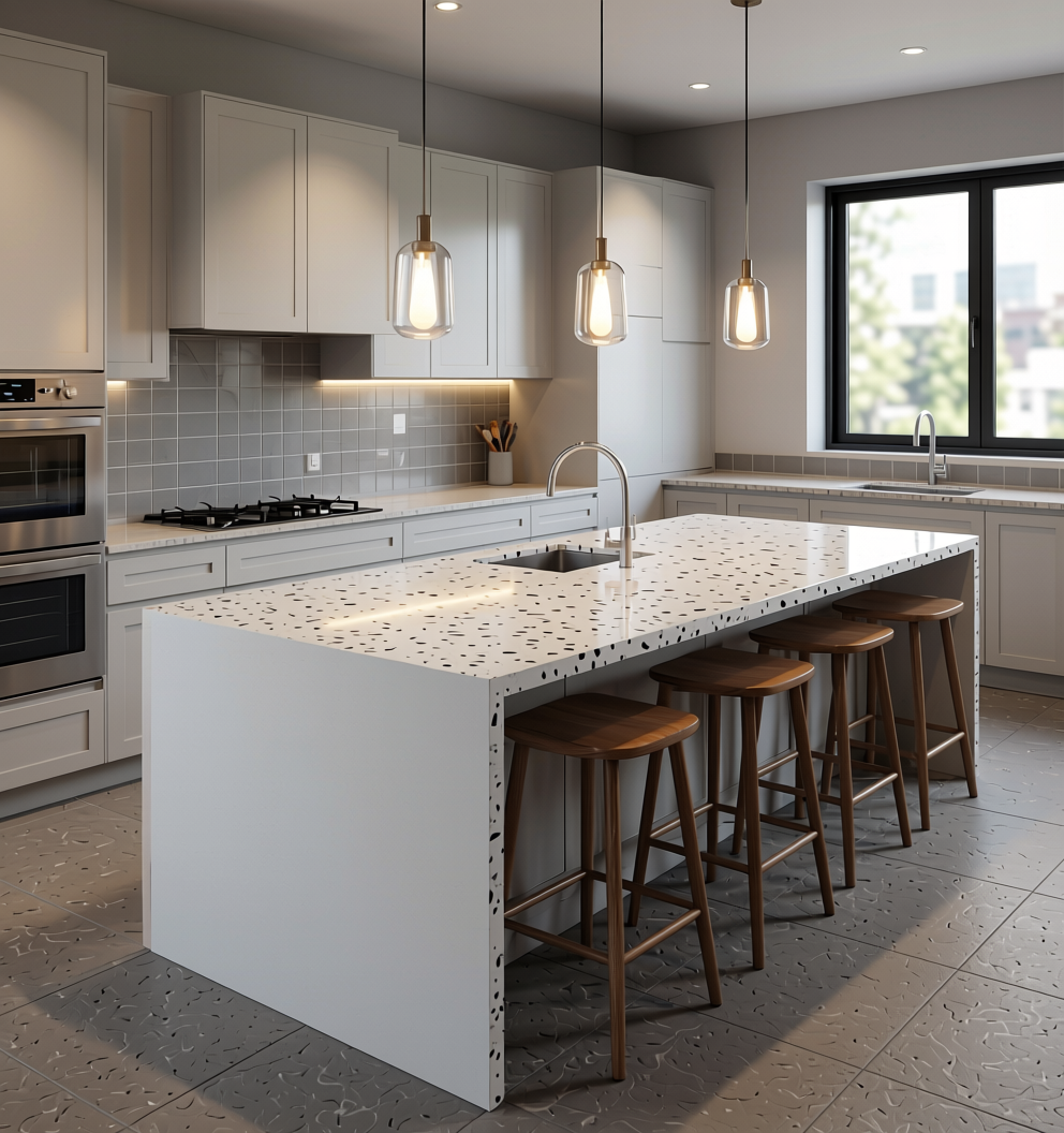 Terrazzo Corian Surface Plain Laminate 8x4 ft Glossy 1.5 mm - PU 7703 — application view in a modern kitchen