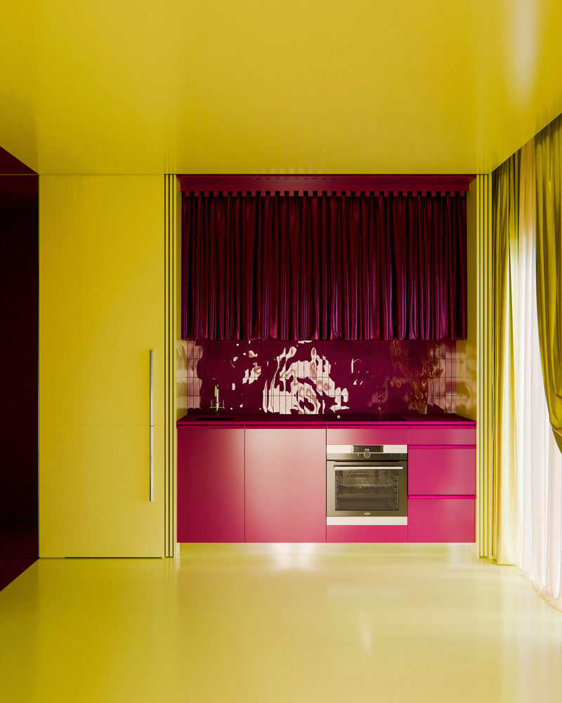 Pink high-gloss laminate kitchen fronts with abstract wall panel