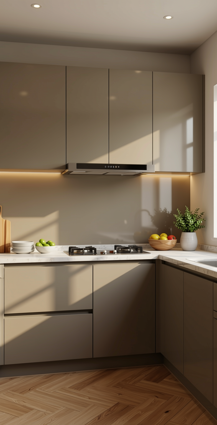 + Plain Laminate 8x4 ft High Gloss 1 mm - 21037 MR+ — application view in a contemporary kitchen