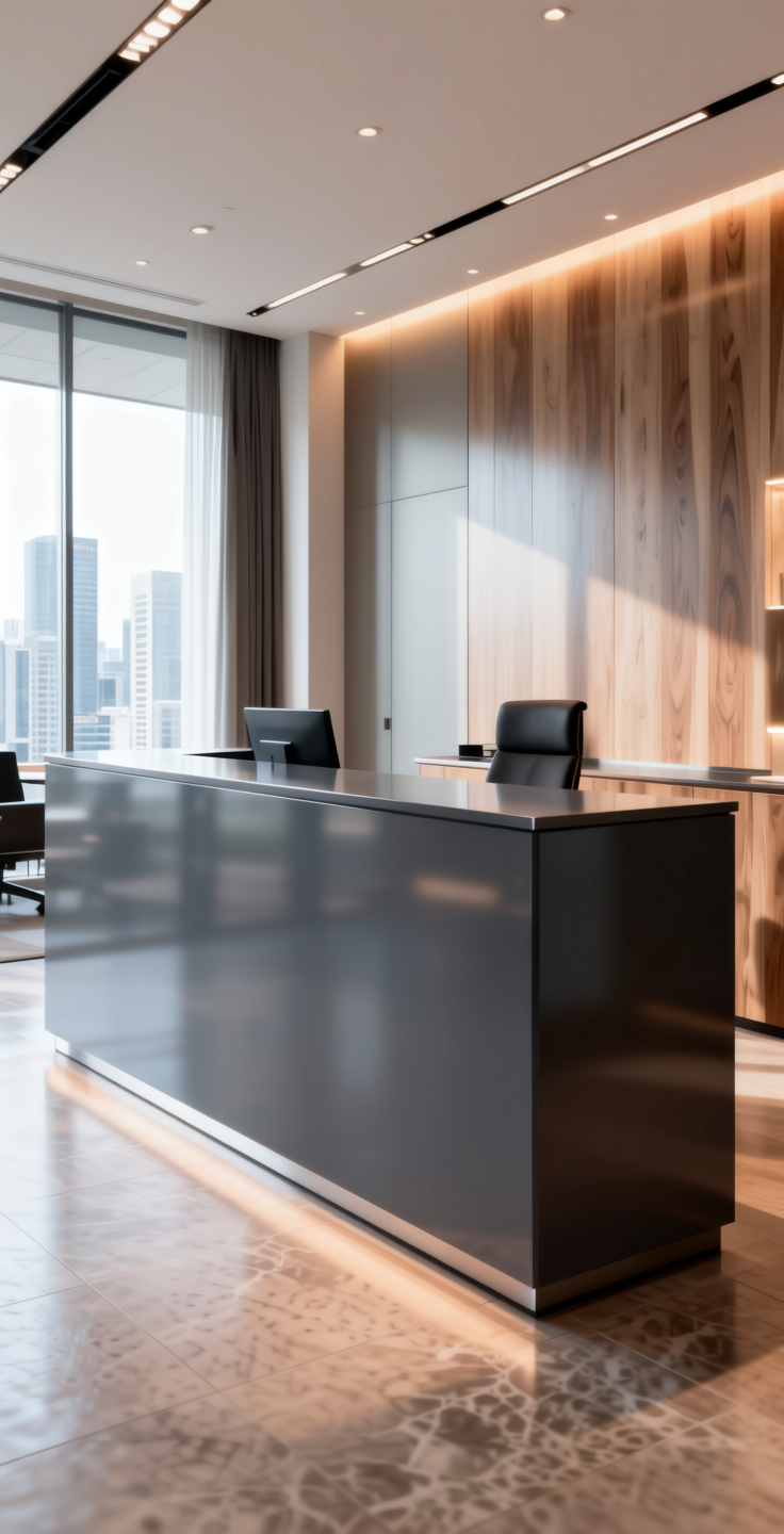 + Plain Laminate 8x4 ft High Gloss 1 mm - 21022 MR+ — application view in a sleek office