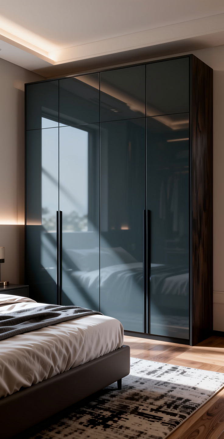+ Plain Laminate 8x4 ft High Gloss 1 mm - 22112 MR+ — application view in a sleek bedroom