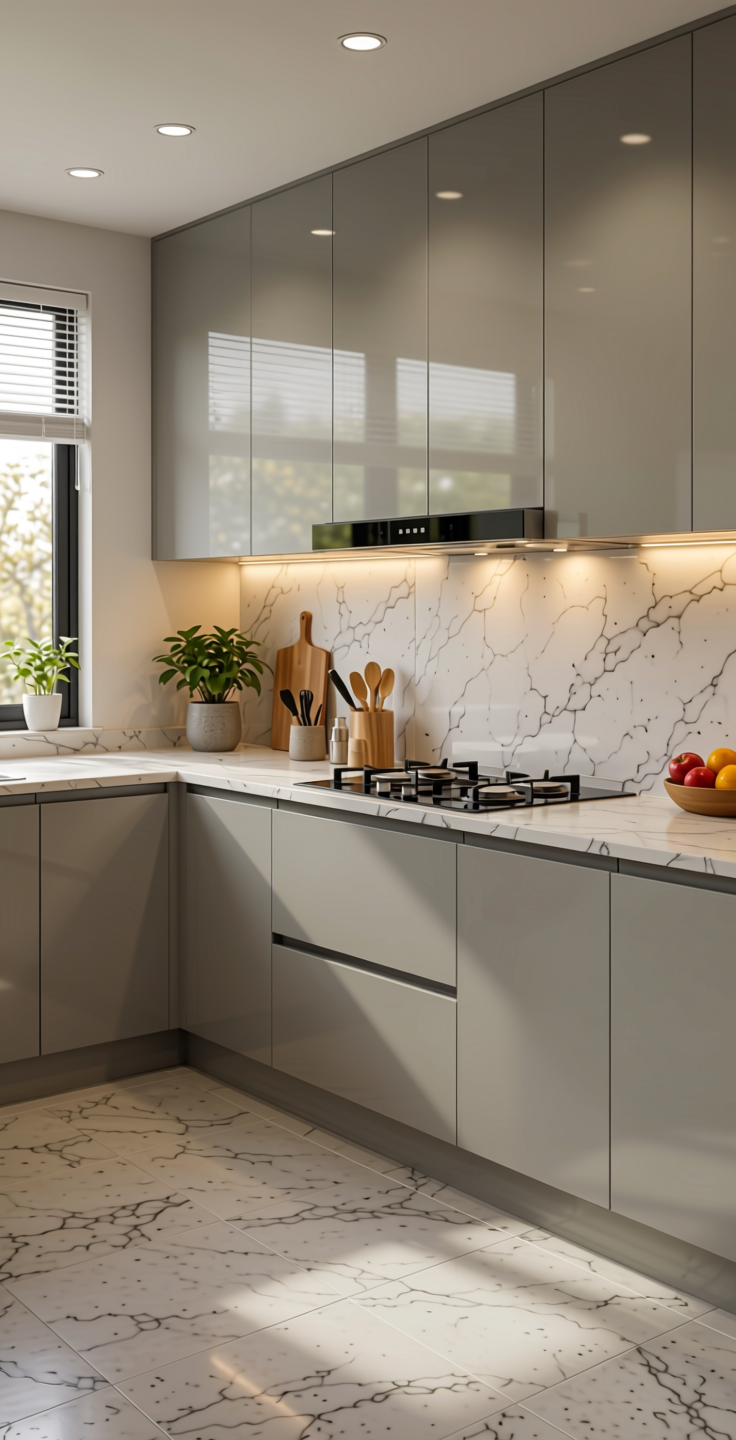 + Plain Laminate 8x4 ft High Gloss 1 mm - 21027 MR+ — application view in a contemporary kitchen