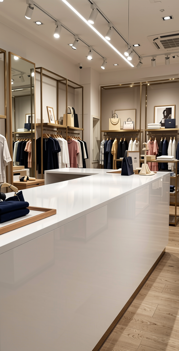 + Plain Laminate 8x4 ft High Gloss 1 mm - 21069 MR+ — application view in a retail boutique