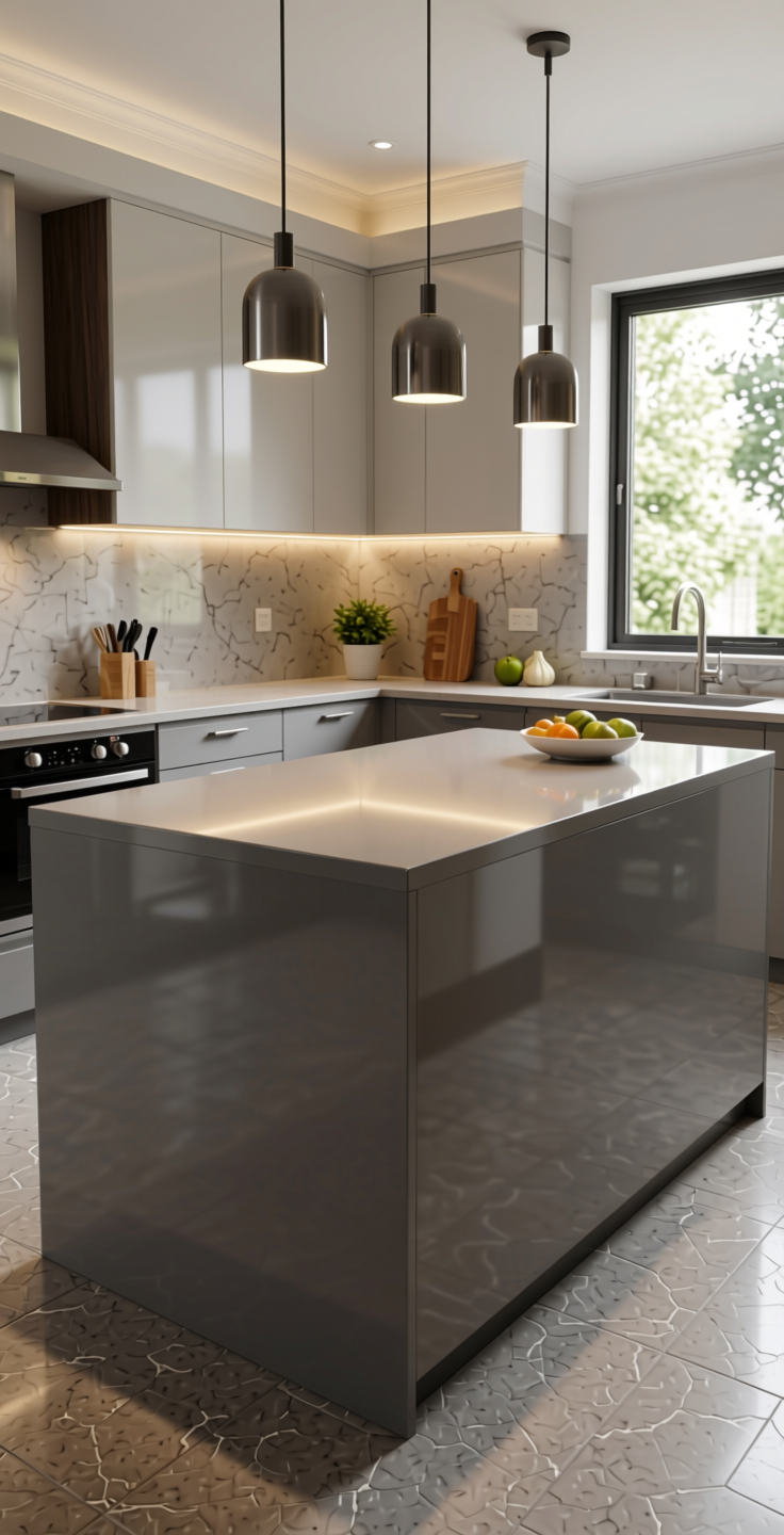 + Plain Laminate 8x4 ft High Gloss 1 mm - 21109 MR+ — application view in a contemporary kitchen