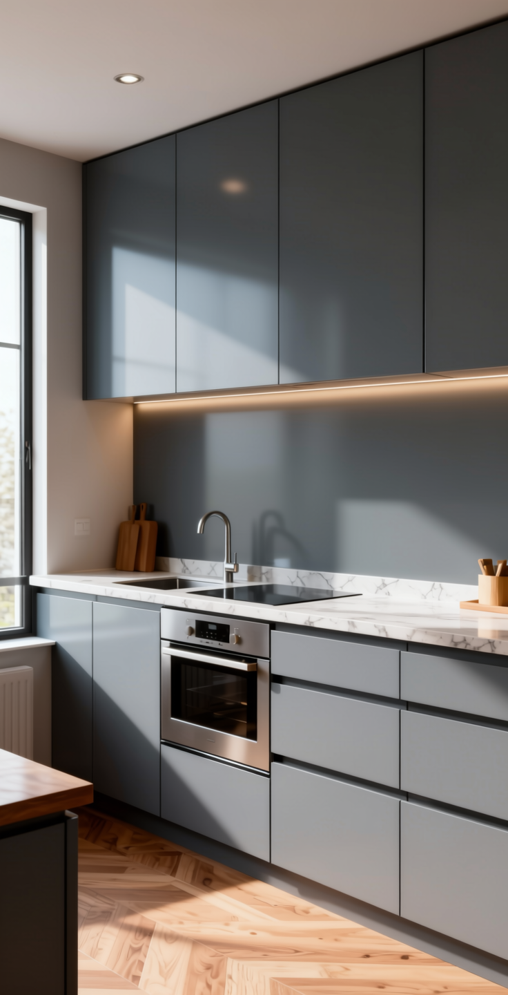 + Plain Laminate 8x4 ft High Gloss 1 mm - 22109 MR+ — application view in a contemporary kitchen