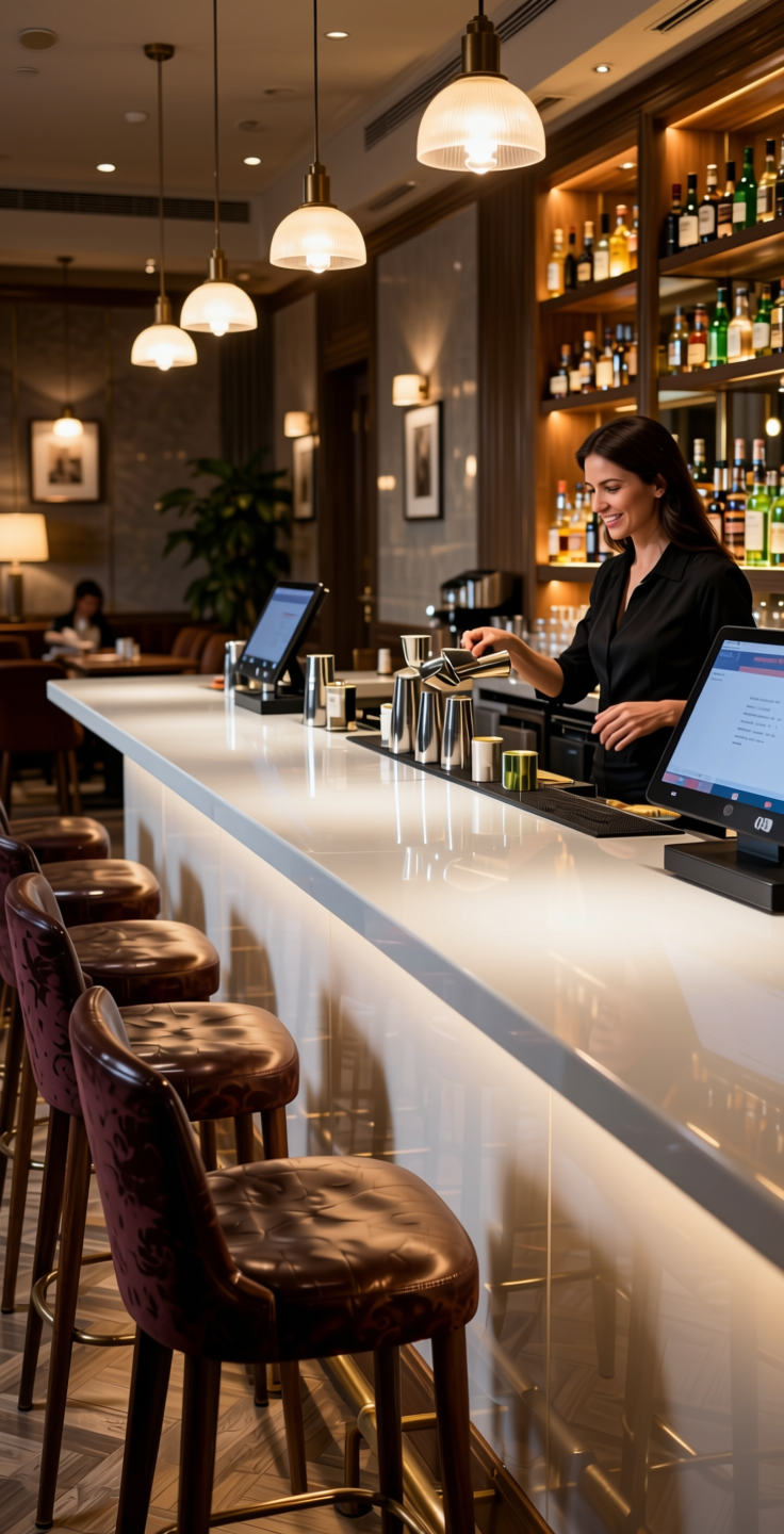 + Plain Laminate 8x4 ft High Gloss 1 mm - 22115 MR+ — application view in a restaurant bar