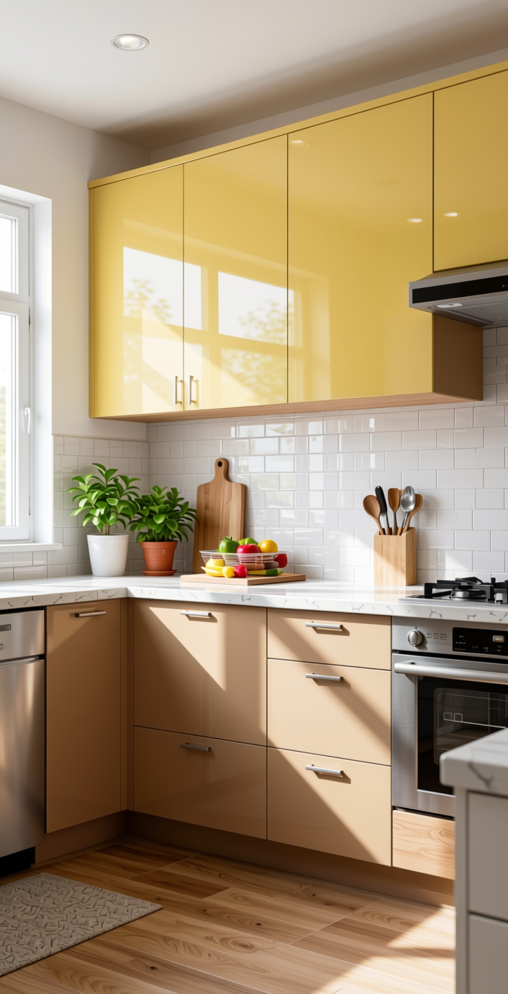 + Plain Laminate 8x4 ft High Gloss 1 mm - 21057 MR+ — application view in a bright kitchen