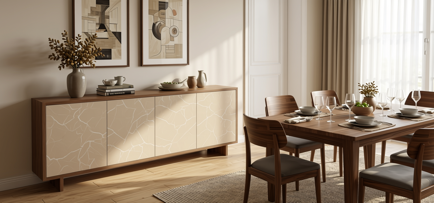 Marble & Stone Laminate 8x4 ft Texture 1 mm - 243 EJ — application view in a dining room