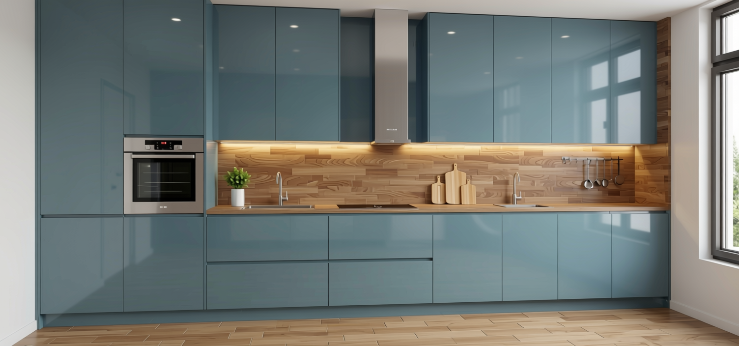 Plain Laminate 8x4 ft High Gloss 1 mm - 260 HG — application view in a contemporary kitchen