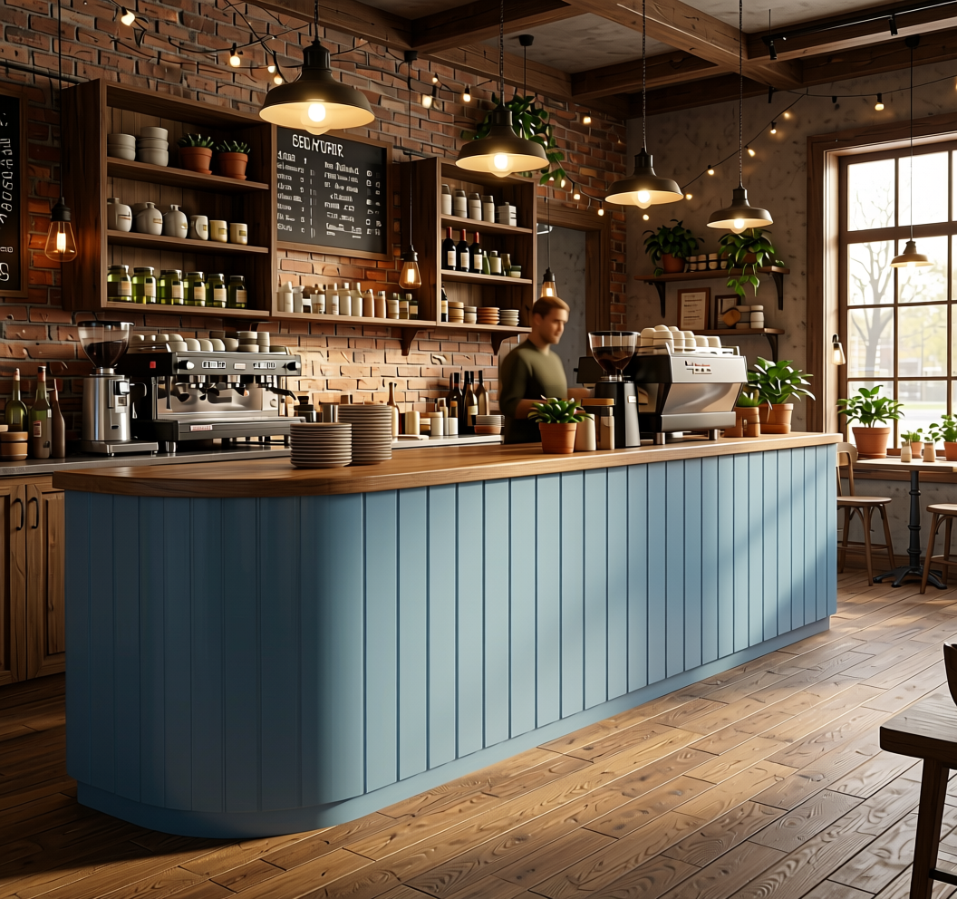Fluted Laminate 8x4 ft Texture 1 mm - 284 BF — application view in a rustic café