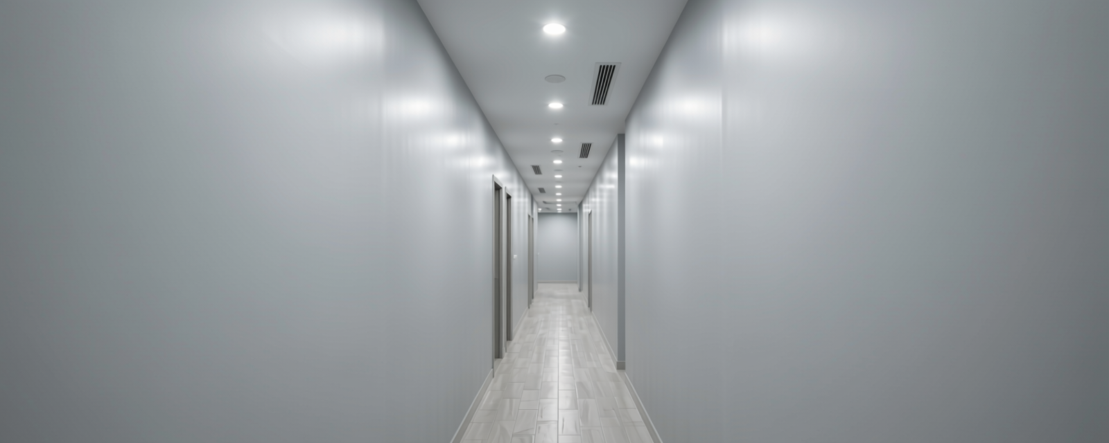 503 Light Grey Plain Laminate 8x4 ft High Gloss 1 mm - LM 01521 — application view in a contemporary hallway