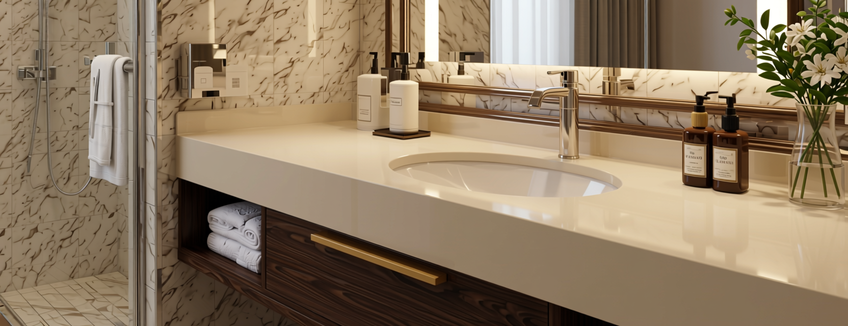 511 Moon Stone Plain Laminate 8x4 ft High Gloss 1 mm - LM 01527 — application view in a luxury bathroom