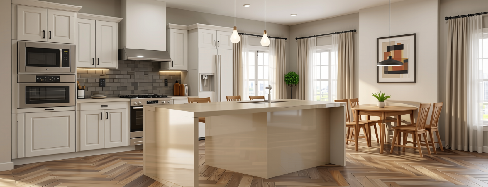 512 Beige Plain Laminate 8x4 ft High Gloss 1 mm - LM 01528 — application view in a open plan kitchen