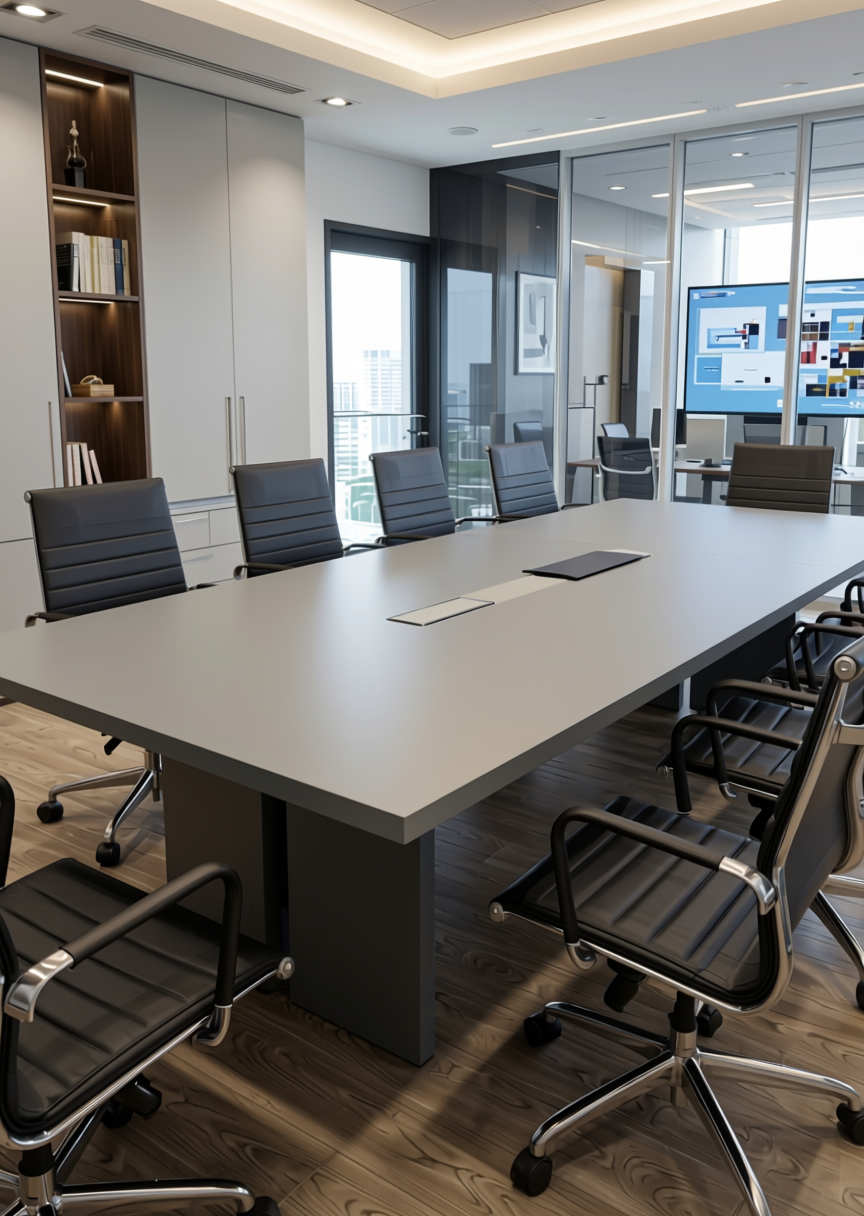 Aesthetic Grey Plain Laminate 8x4 ft Super Matte 1 mm - 3883 SMT — application view in a modern office