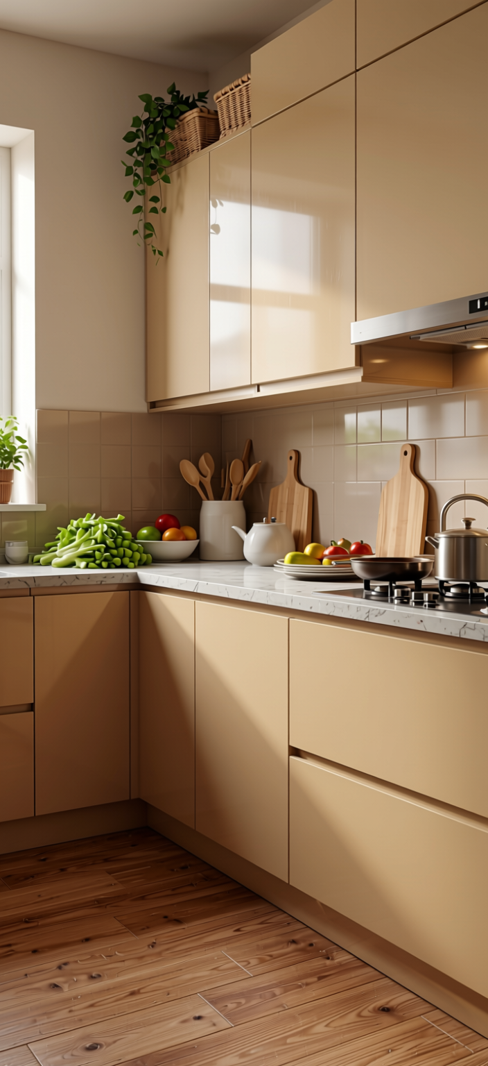 Almond Plain Laminate 8x4 ft High Gloss 1 mm - 3867 HGL — application view in a kitchen