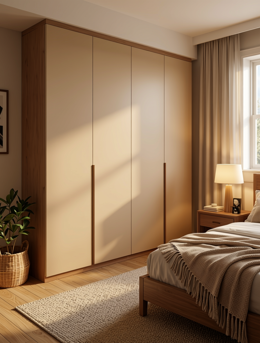 Almond Fluted Laminate 8x4 ft Matte 1 mm - 3867 FLT — application view in a warm bedroom
