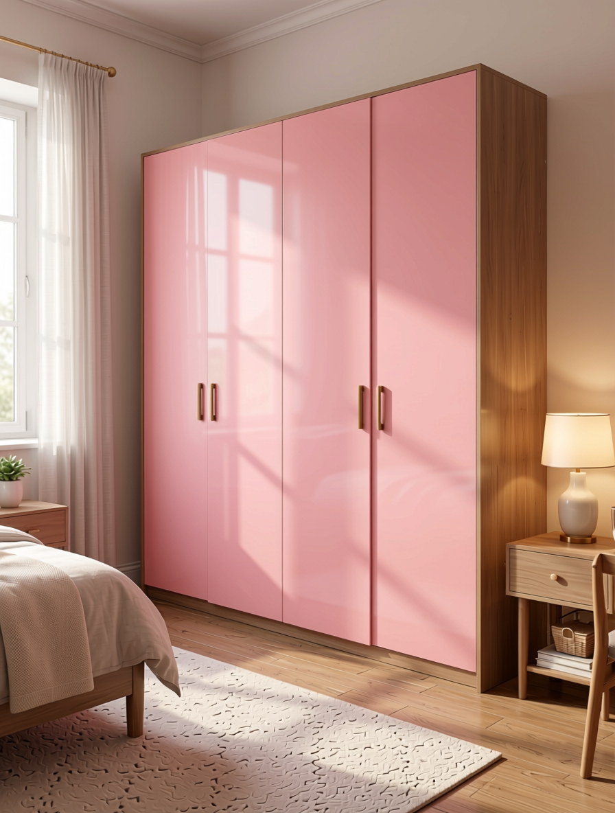 Baby Pink Plain Laminate 8x4 ft High Gloss 1 mm - 3807 HGL — application view in a girl's bedroom