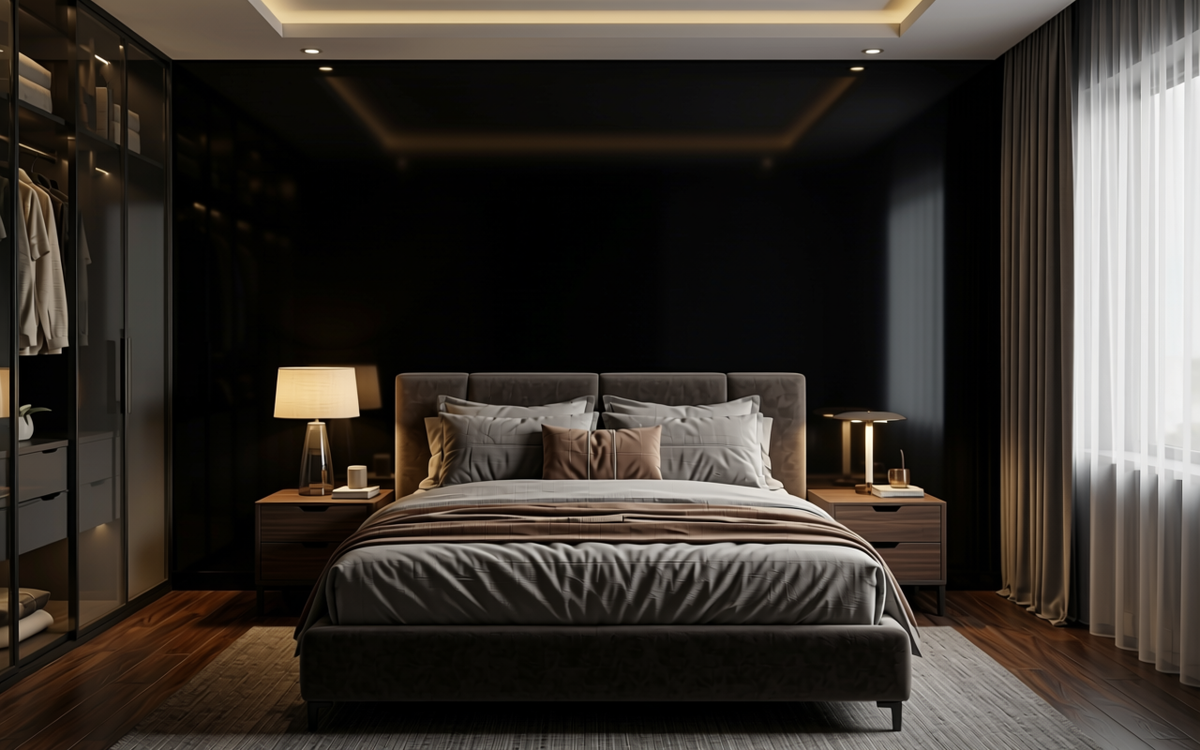 Black Current Plain Laminate 8x4 ft High Gloss 1 mm - LM 03033 — application view in a dramatic bedroom