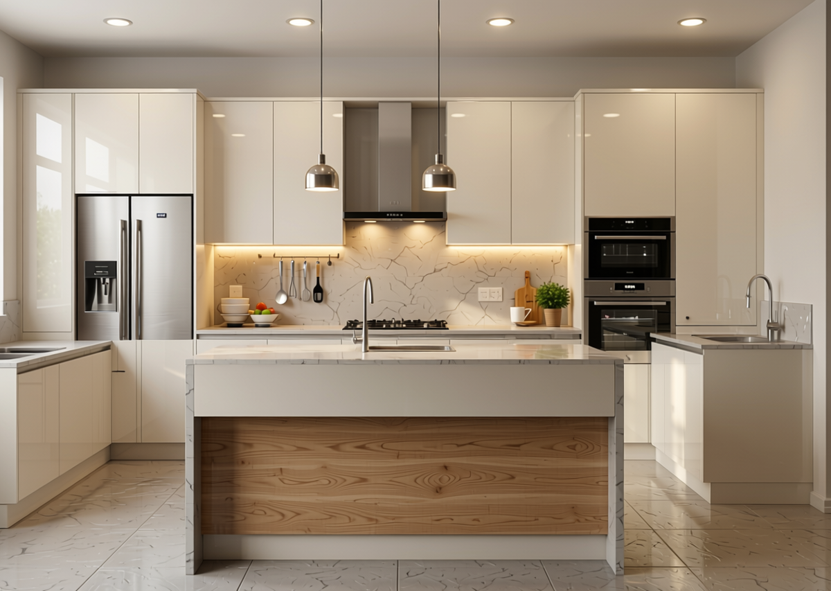 Blanco Cream Plain Laminate 8x4 ft High Gloss 1 mm - 1982 SHG — application view in a elegant kitchen