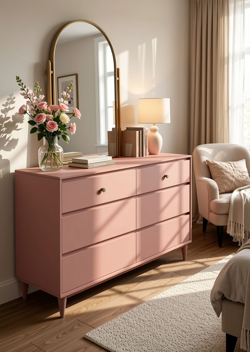 Blush Plain Laminate 8x4 ft Super Matte 1 mm - 3871 SMT — application view in a feminine bedroom