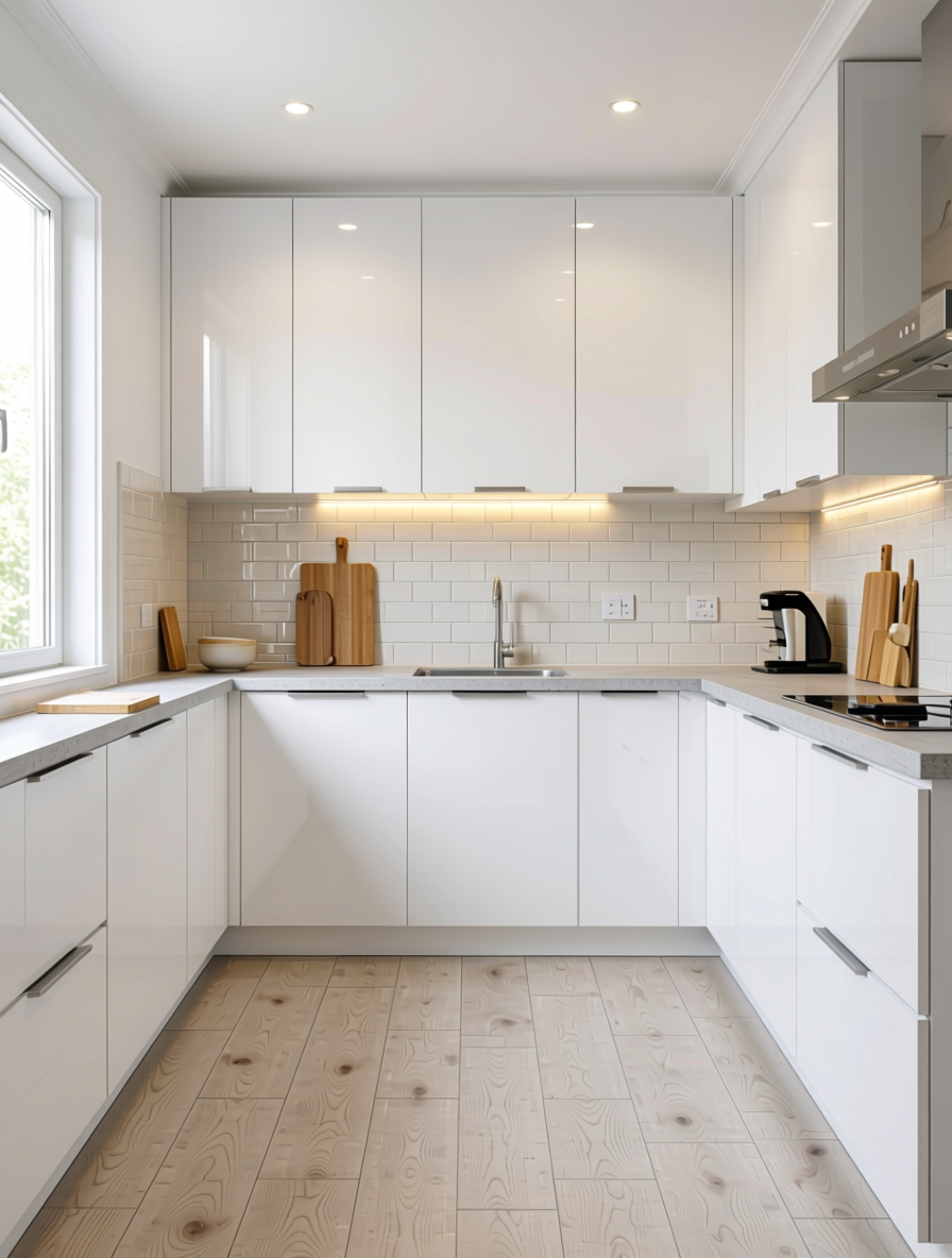 Chiffon White Fluted Laminate 8x4 ft High Gloss 1 mm - 3846 MF — application view in a bright kitchen