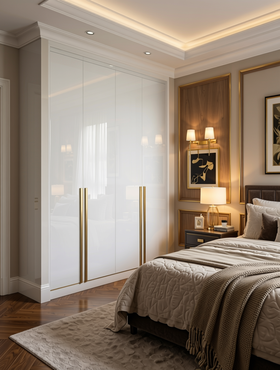 Chiffon White Plain Laminate 8x4 ft High Gloss 1 mm - 4103 HGL — application view in a luxurious bedroom