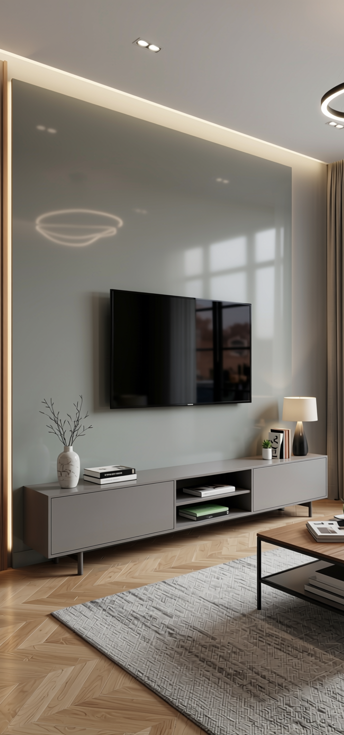 Cloudy Grey Plain Laminate 8x4 ft High Gloss 1 mm - 3868 HGL — application view in a modern living room
