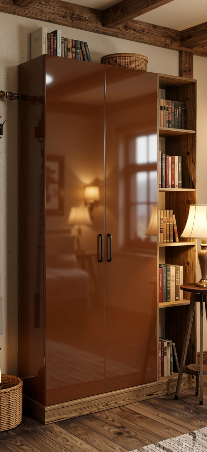 Coconut Brown Plain Laminate 8x4 ft High Gloss 1 mm - 3828 HGL — application view in a rustic study