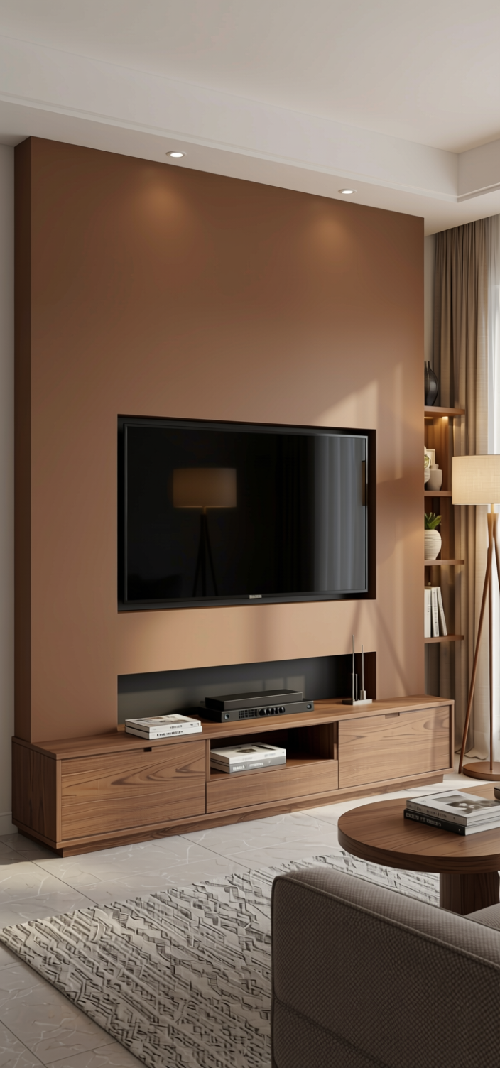 Coconut Brown Plain Laminate 8x4 ft Matte 1 mm - 3845 ZM — application view in a living room