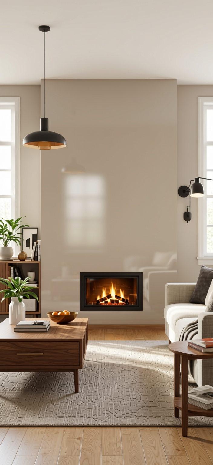 Cool Beige Plain Laminate 8x4 ft High Gloss 1 mm - 3874 HGL — application view in a bright living room