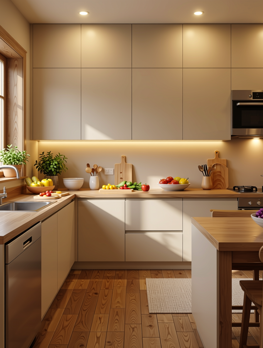 Cool Beige Plain Laminate 8x4 ft Matte 1 mm - 3874 ZM — application view in a warm kitchen