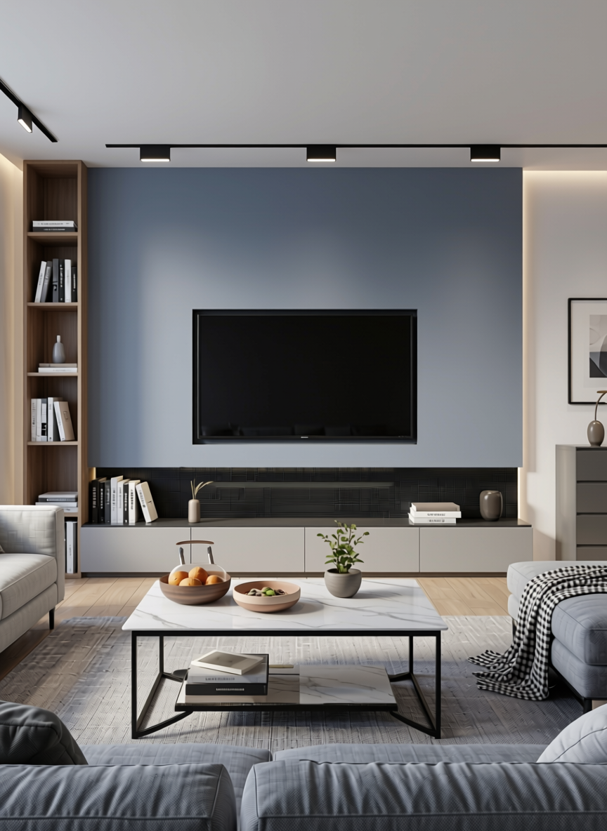 Cool Grey Plain Laminate 8x4 ft Super Matte 1 mm - 3880 SMT — application view in a modern living room