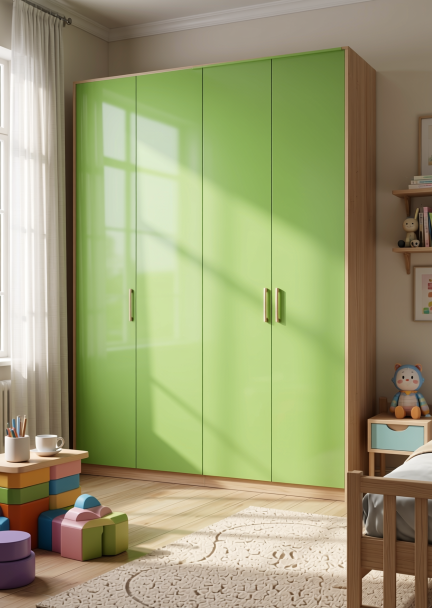 Crisp Pista Plain Laminate 8x4 ft High Gloss 1 mm - 3854 HGL — application view in a kids room