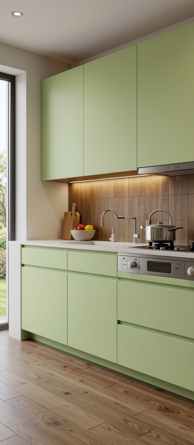 Crisp Pista Plain Laminate 8x4 ft Matte 1 mm - 3854 ZM — application view in a contemporary kitchen