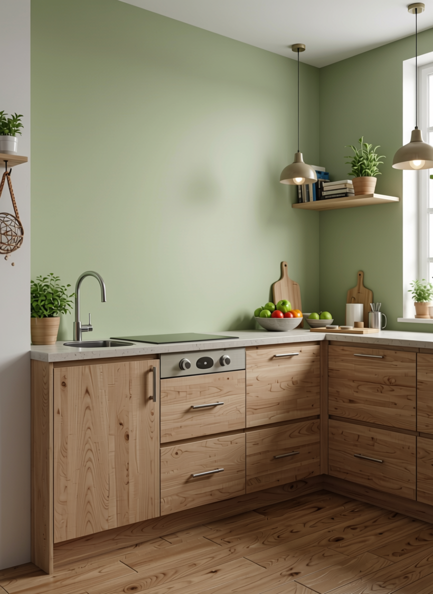 Crisp Pista Plain Laminate 8x4 ft Super Matte 1 mm - 3854 SMT — application view in a fresh kitchen