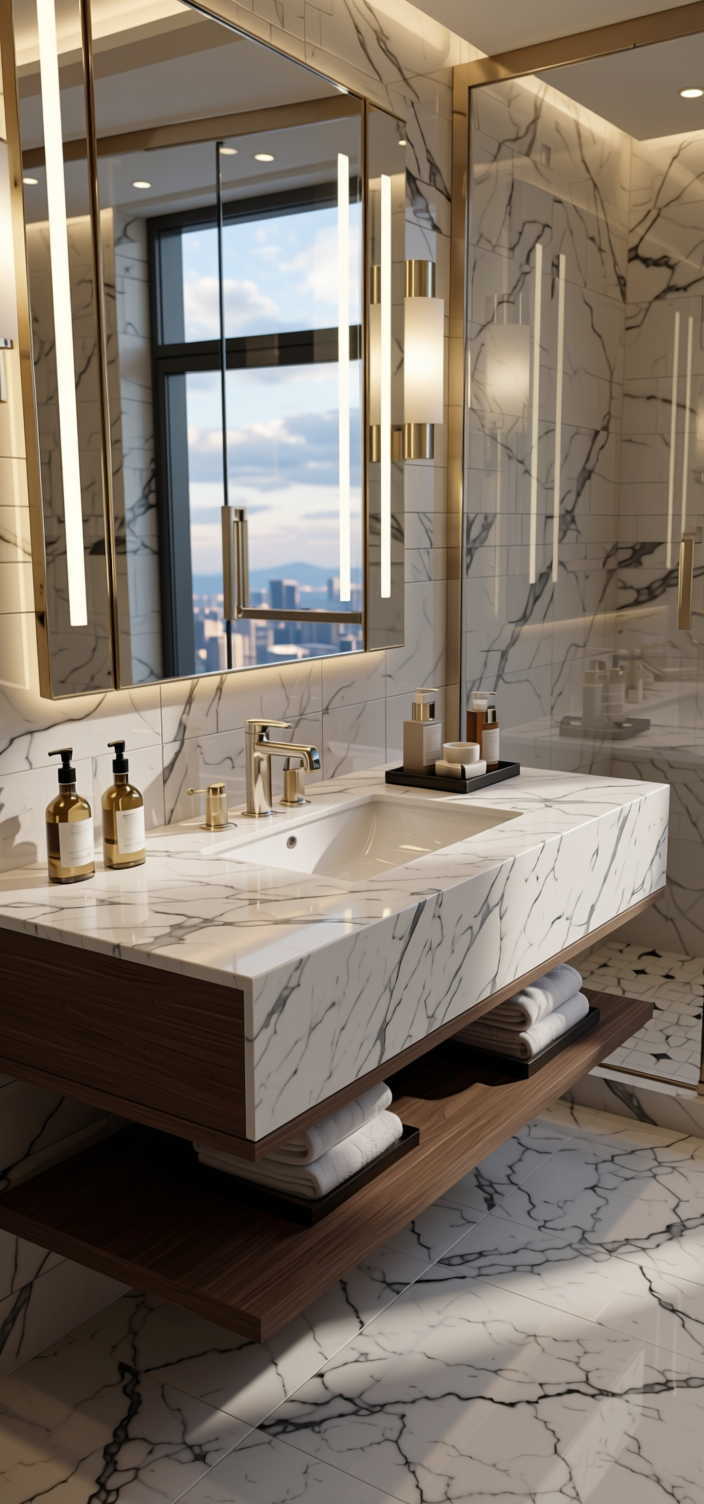 Croma PVC White Marble & Stone Laminate 8x4 ft Texture 1.25 mm - 4602 PHG — application view in a luxury bathroom