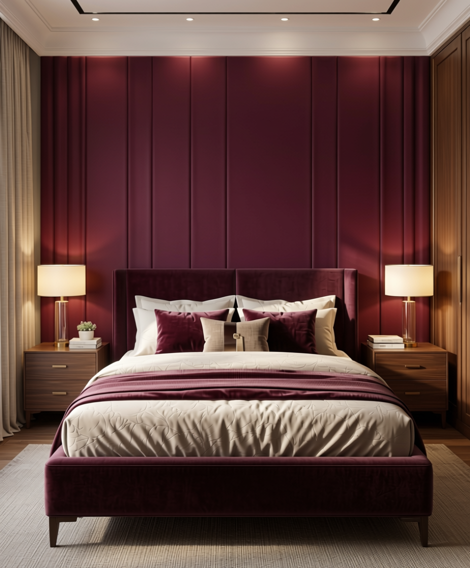 Wine Fluted Laminate 8x4 ft Texture 1 mm - 136 FTV — application view in a luxury bedroom