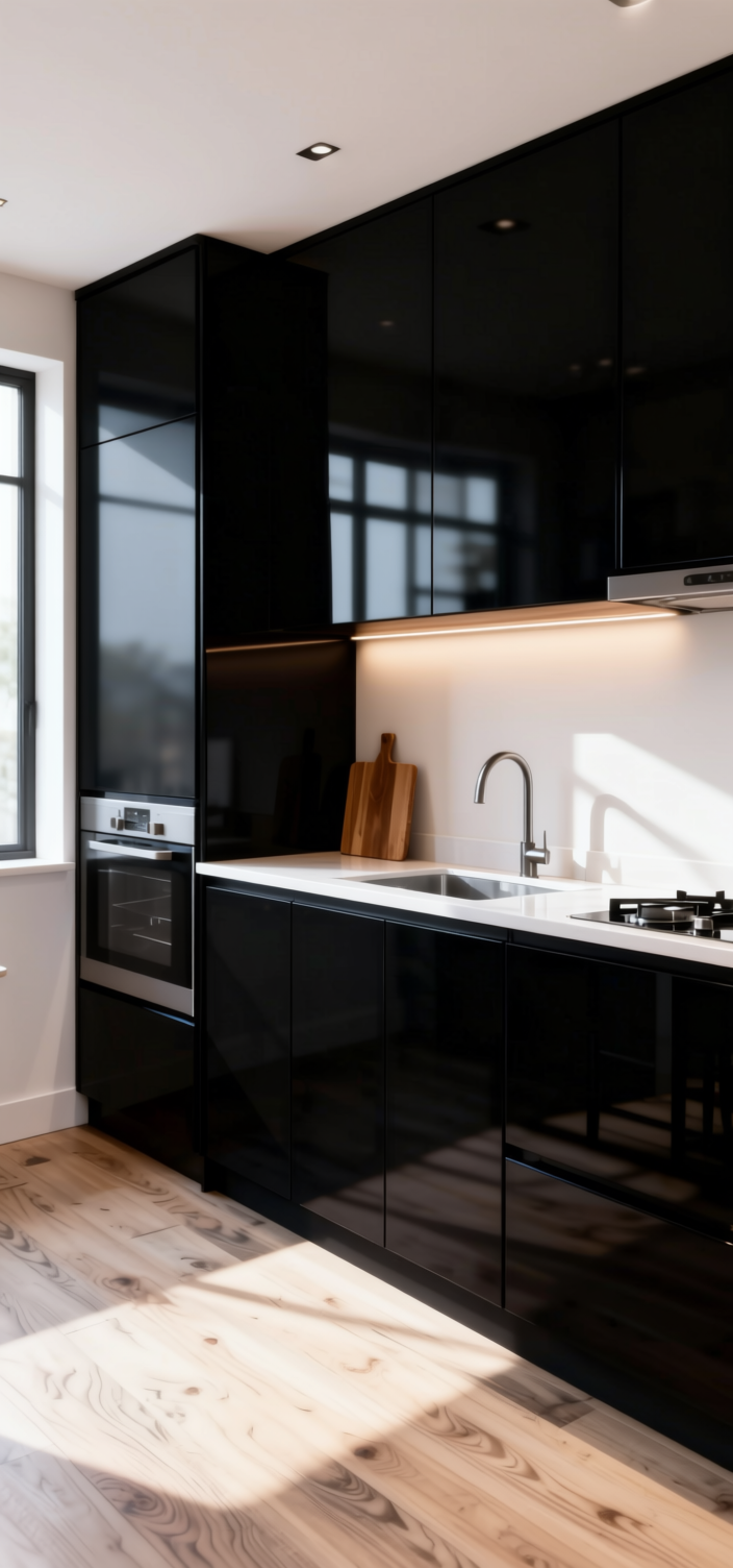 Crow Black Plain Laminate 8x4 ft High Gloss 1 mm - 4105 HGL — application view in a modern kitchen