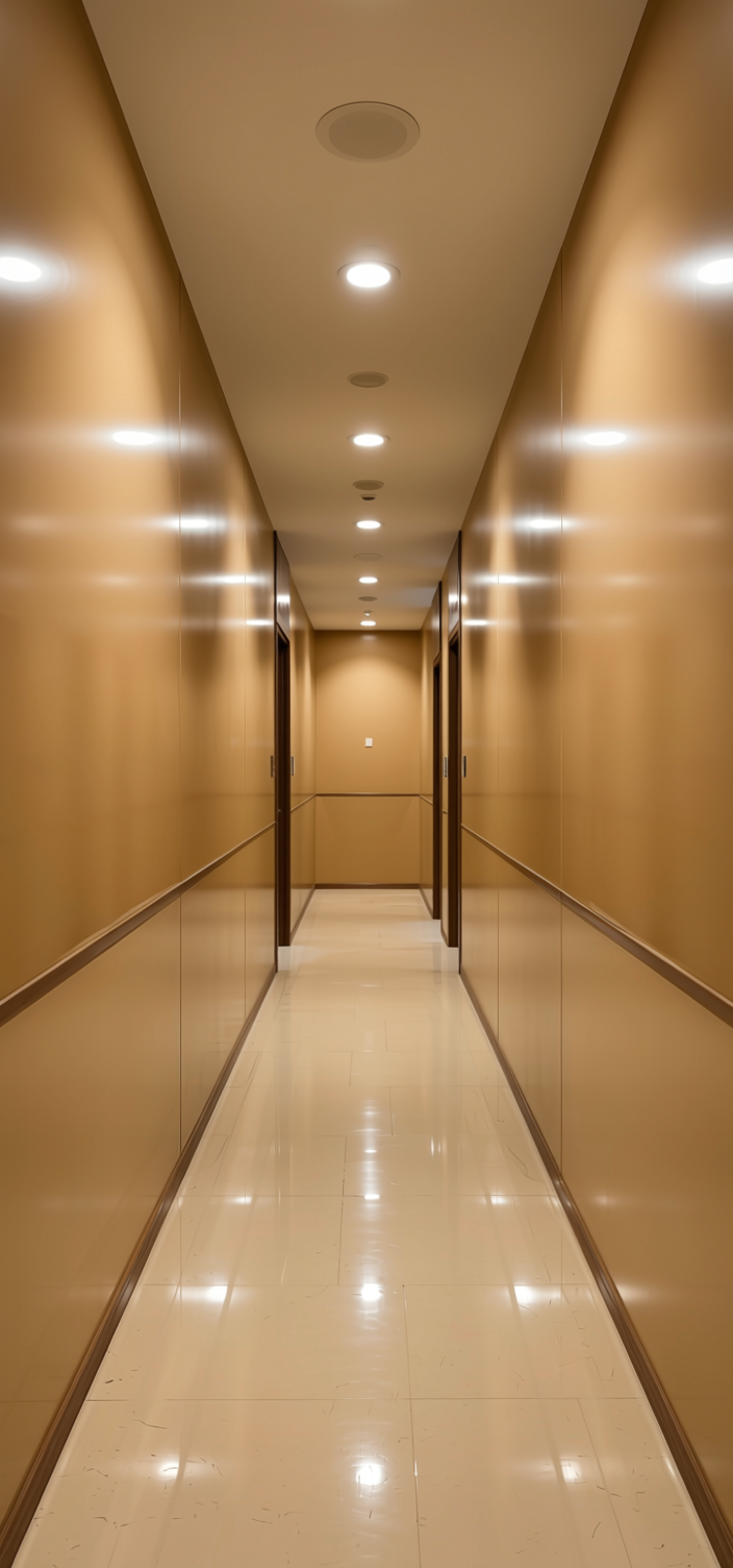 Desert Sand Plain Laminate 8x4 ft High Gloss 1 mm - 3865 HGL — application view in a hallway