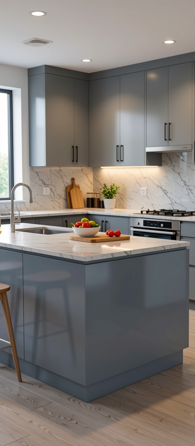Dolphin Grey Plain Laminate 8x4 ft High Gloss 1 mm - 3870 HGL — application view in a modern kitchen