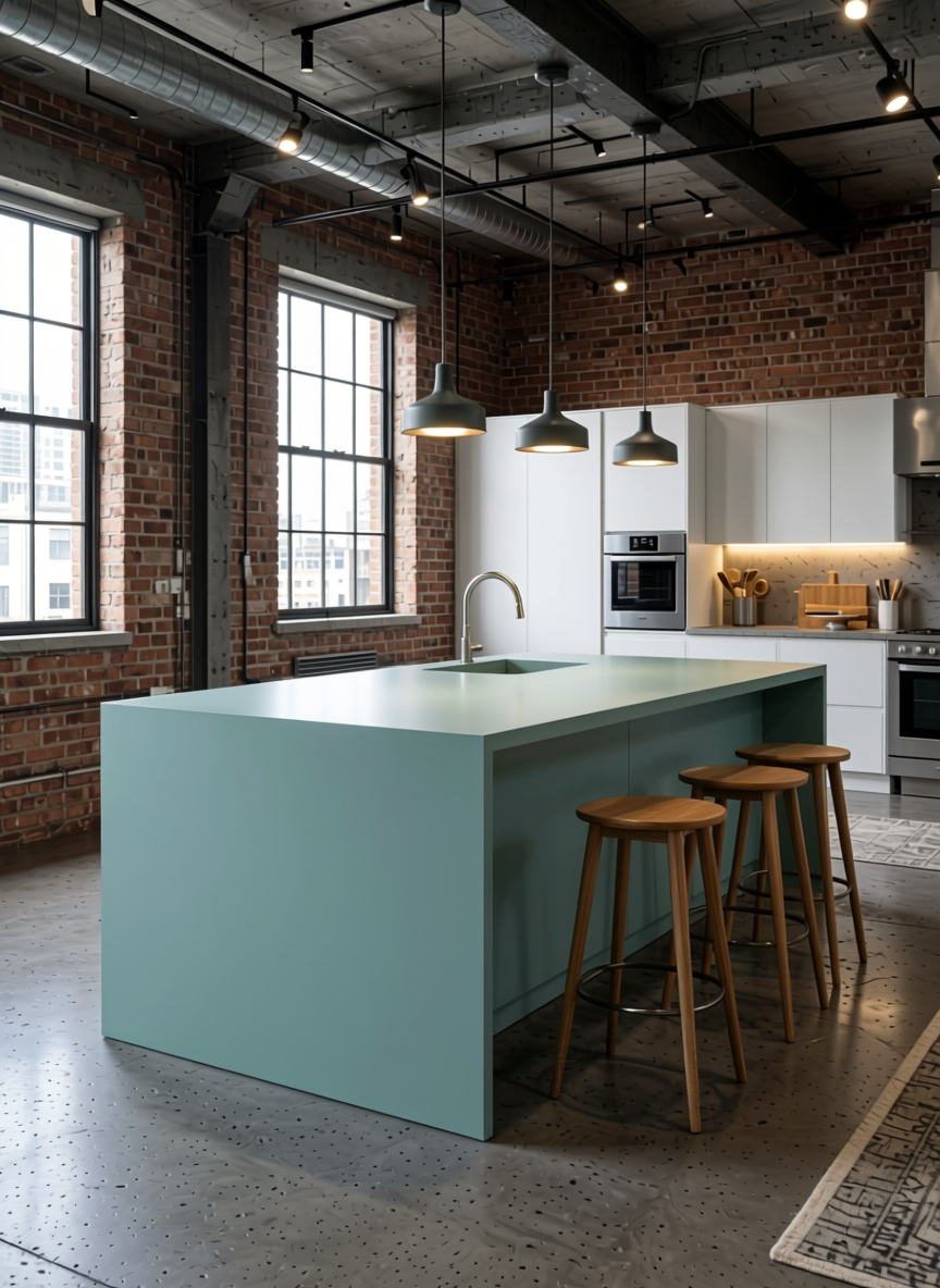 Dolphin Grey Plain Laminate 8x4 ft Matte 1 mm - 3870 ZM — application view in a industrial loft