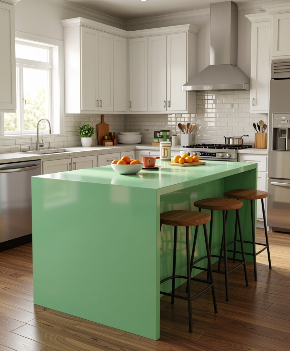Dream Green Plain Laminate 8x4 ft High Gloss 1 mm - 1975 SHG — application view in a fresh kitchen
