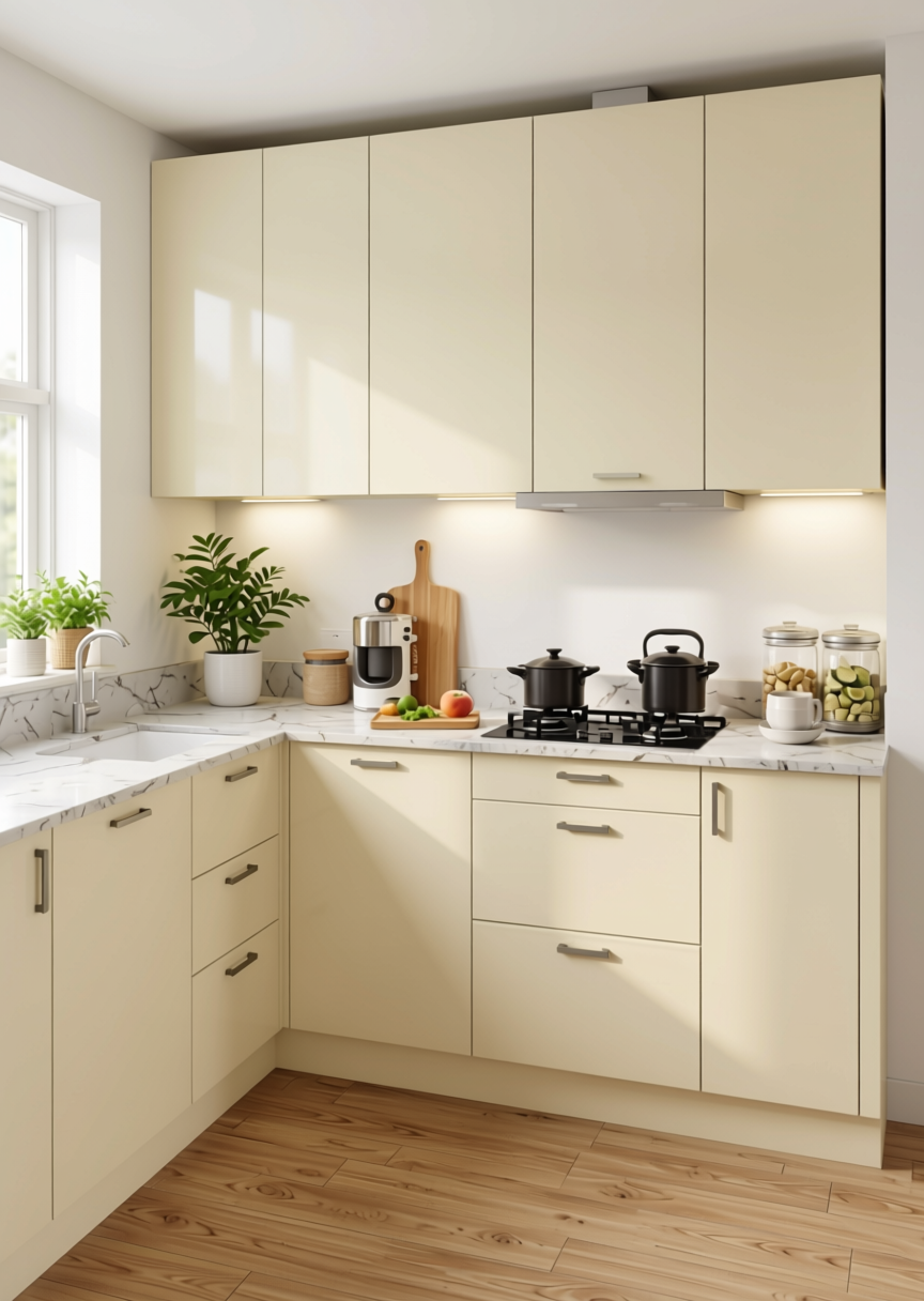 Egg White Plain Laminate 8x4 ft Texture 1 mm - STN 901 — application view in a bright kitchen