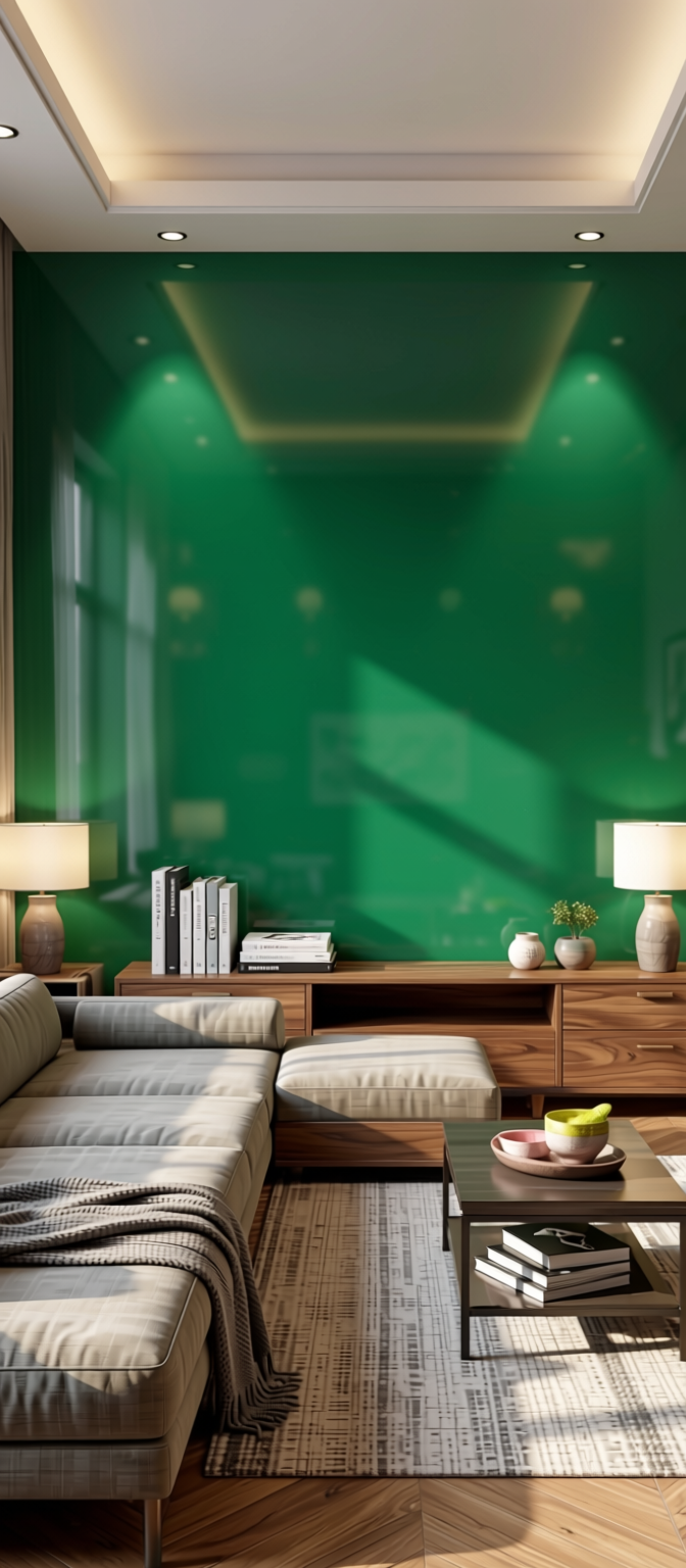Emerald Green Plain Laminate 8x4 ft High Gloss 1 mm - 3805 HGL — application view in a living room
